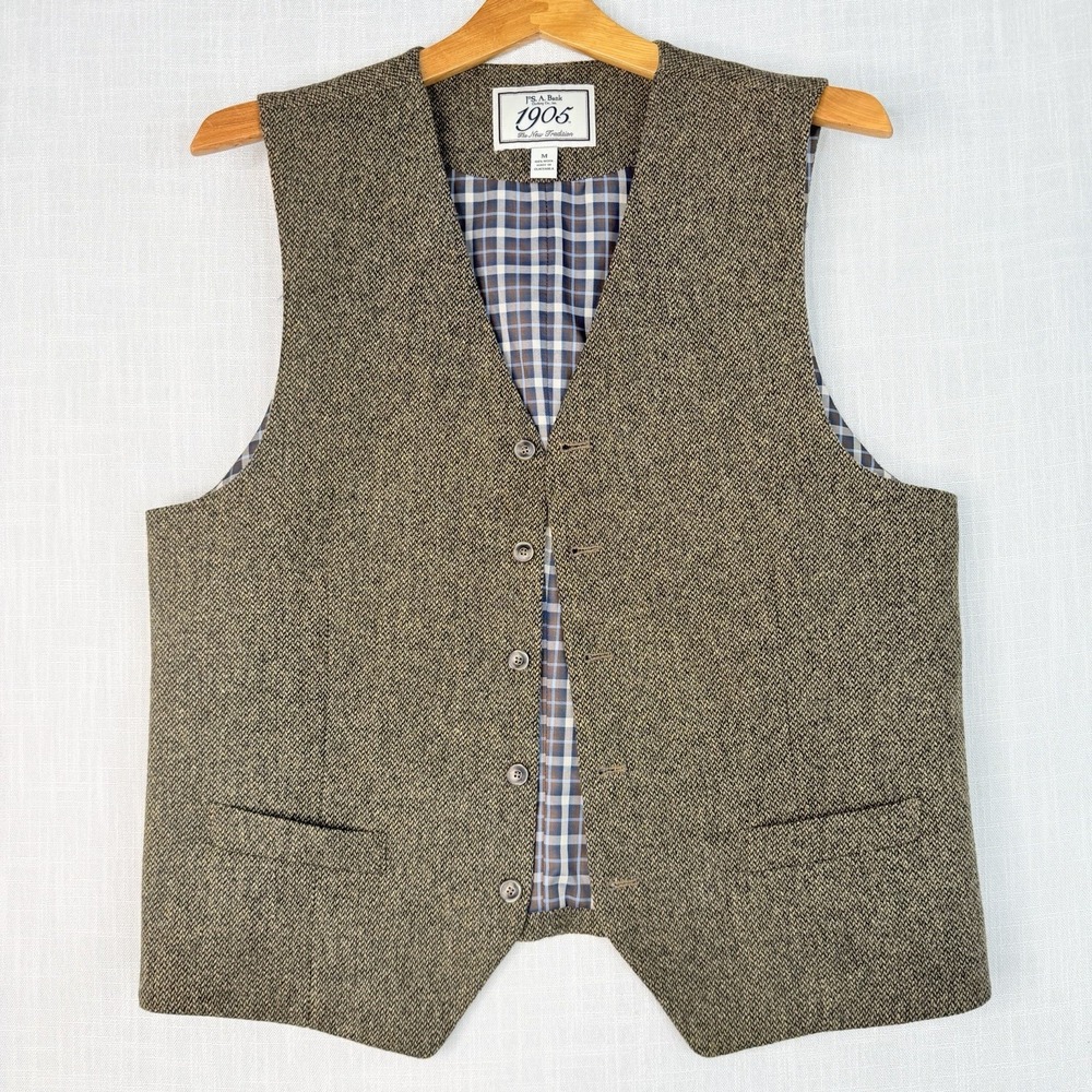 Jos. A. Bank 1905 Men Brown Herringbone Tweed 100% Wool Vest Plaid Back M NWOT